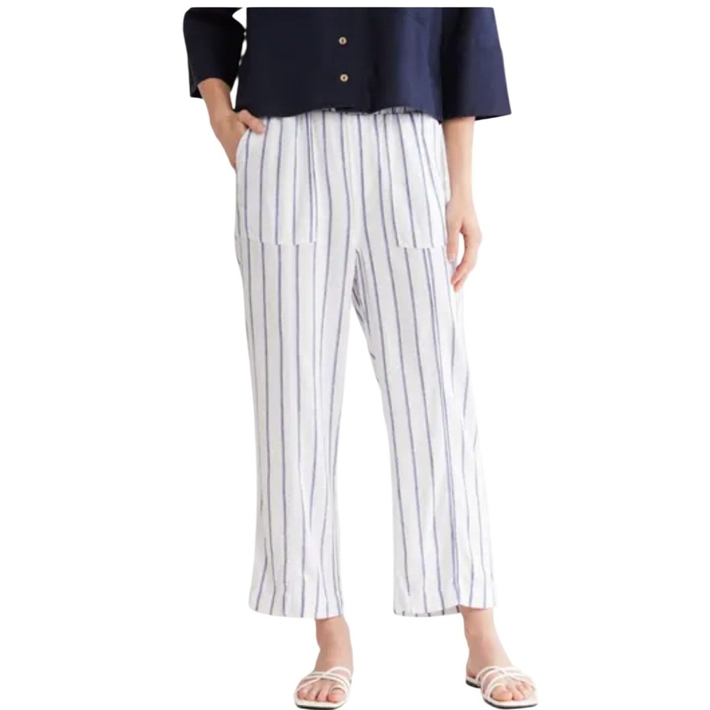 Ellen Tracy Striped Wide Leg Trousers White Blue‎ Casual High Waist Pants L NWT